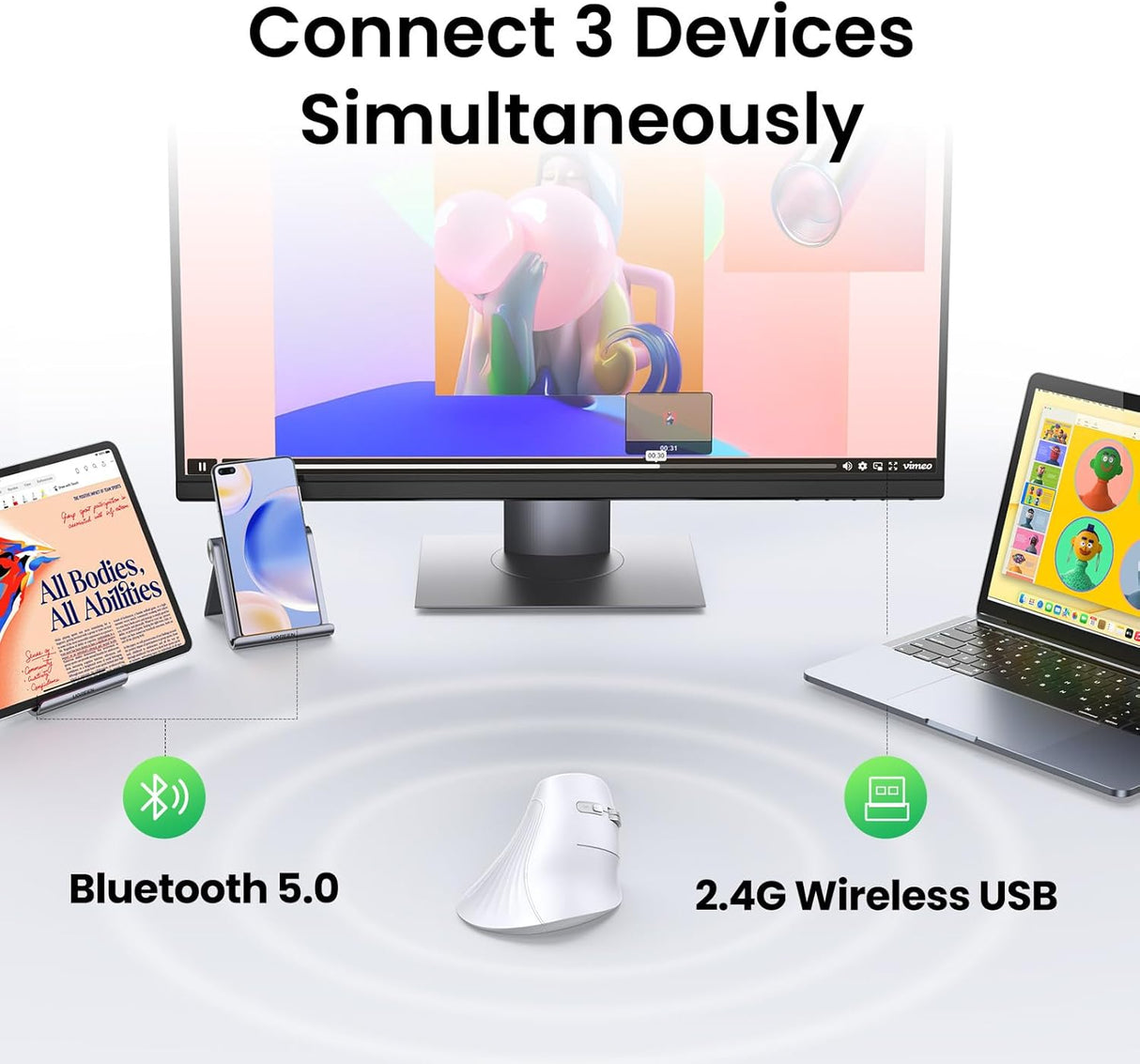 Ugreen brezžična ergonomska vertikalna miška z Bluetooth in Wi-Fi povezavo - bela