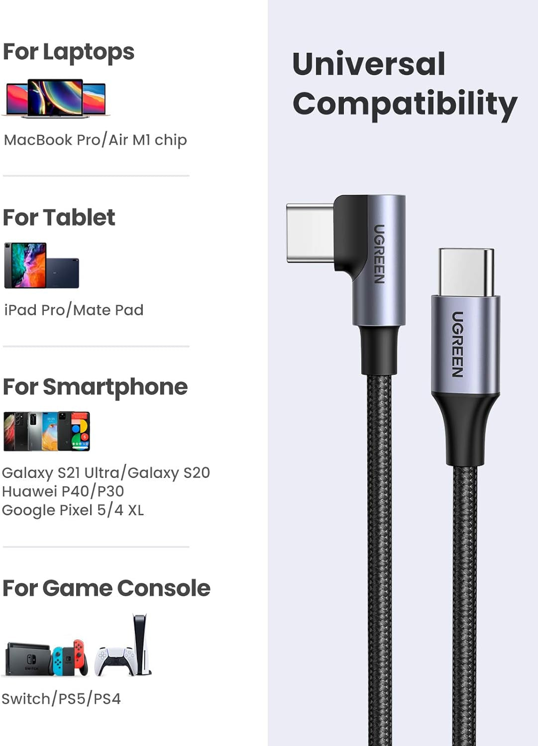 Ugreen USB-C na kotni USB-C kabel 60W 3M