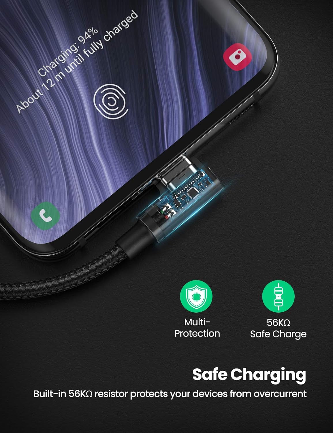 Ugreen USB v USB C 90-stopinjski kabel za hitro polnjenje 2M