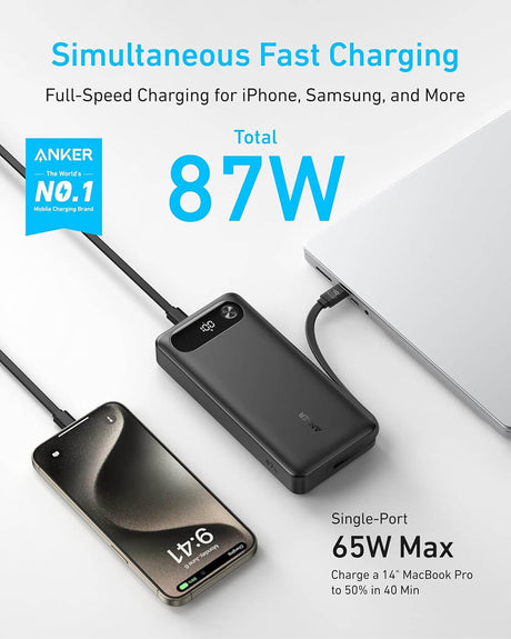 Anker Powerbank 20000 mAh, 87W z vgrajenim USB-C kablom, črn