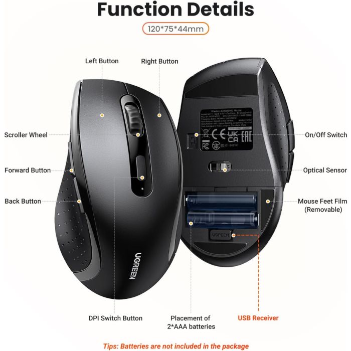 Ugreen ergonomska brezžična miška s stranskimi gumbi