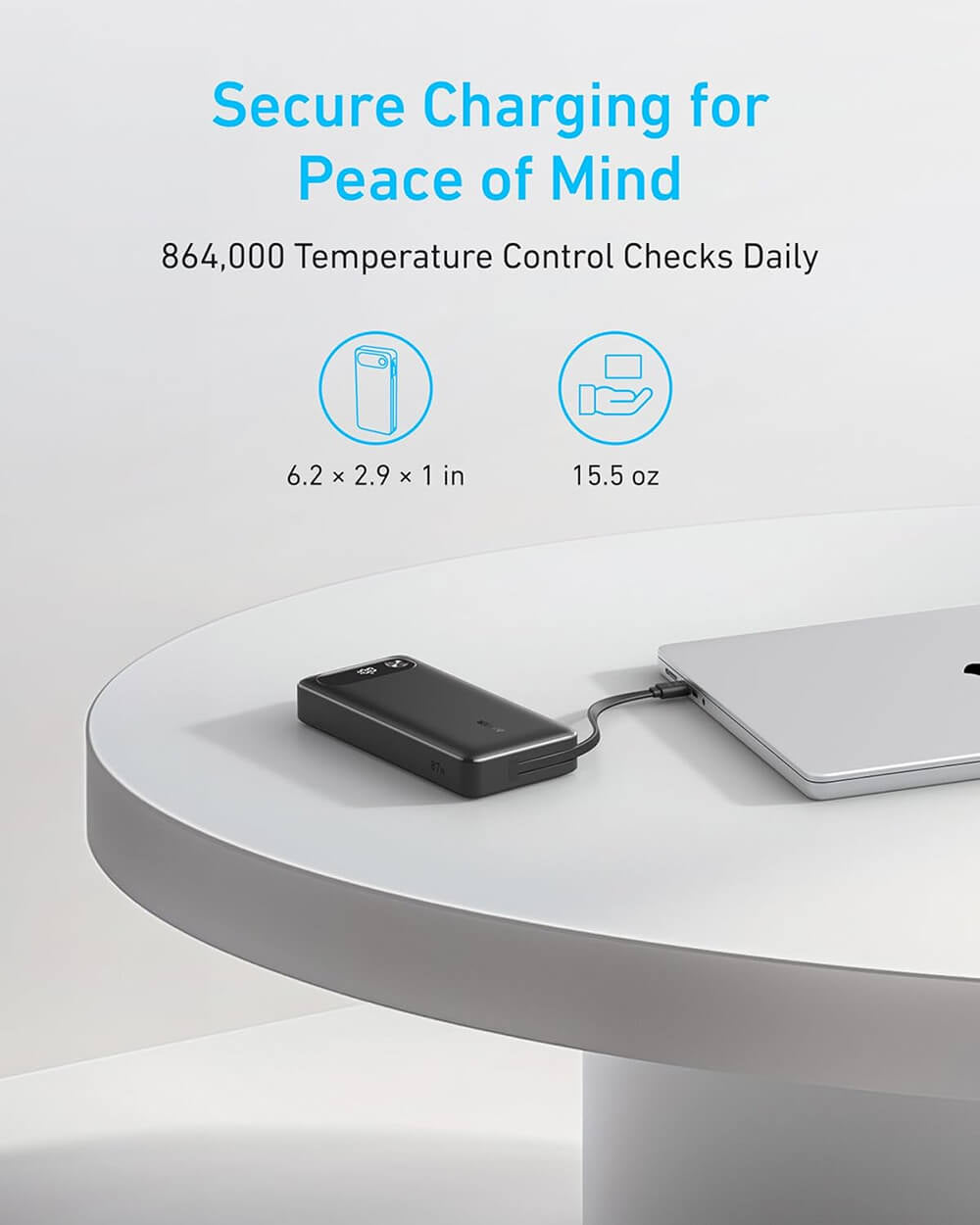 Anker Powerbank 20000 mAh, 87W z vgrajenim USB-C kablom, črn
