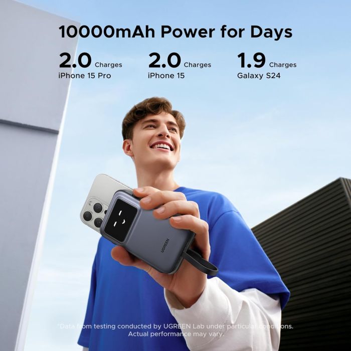 Ugreen Uno 10.000mAh 30w QC polnilna prenosna baterija z vgrajenim USB-C kablom