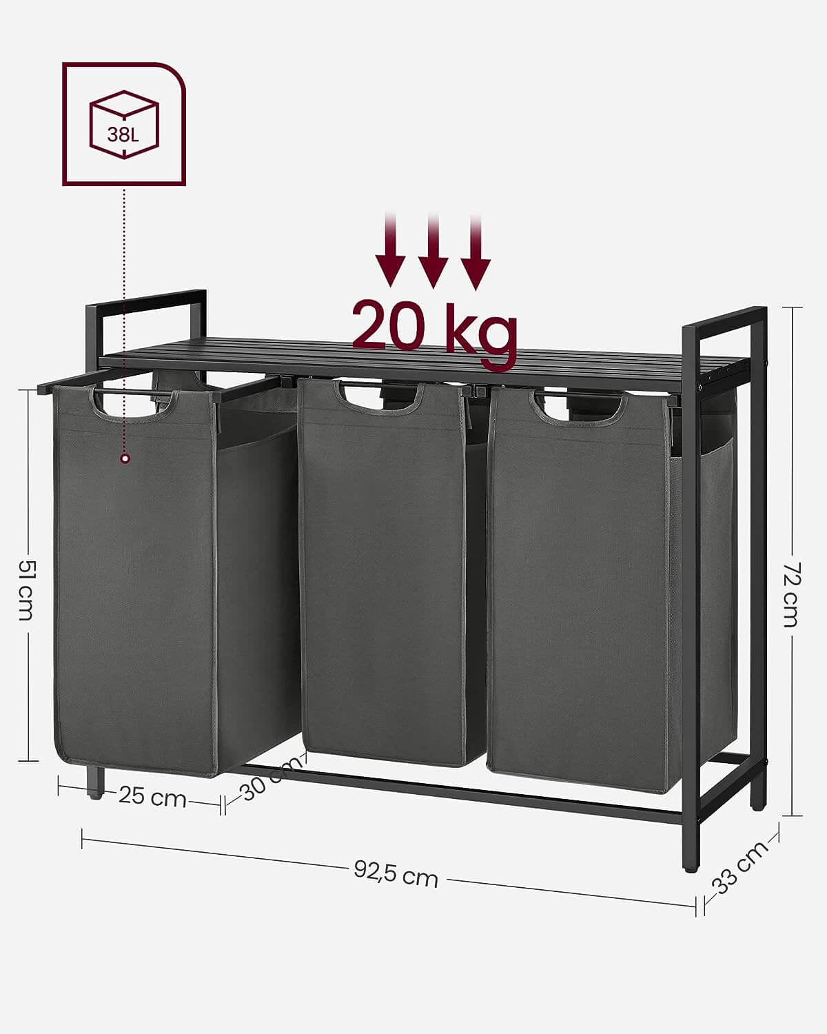 VASAGLE košara za perilo s 3 predelki, črna, BLH301G01