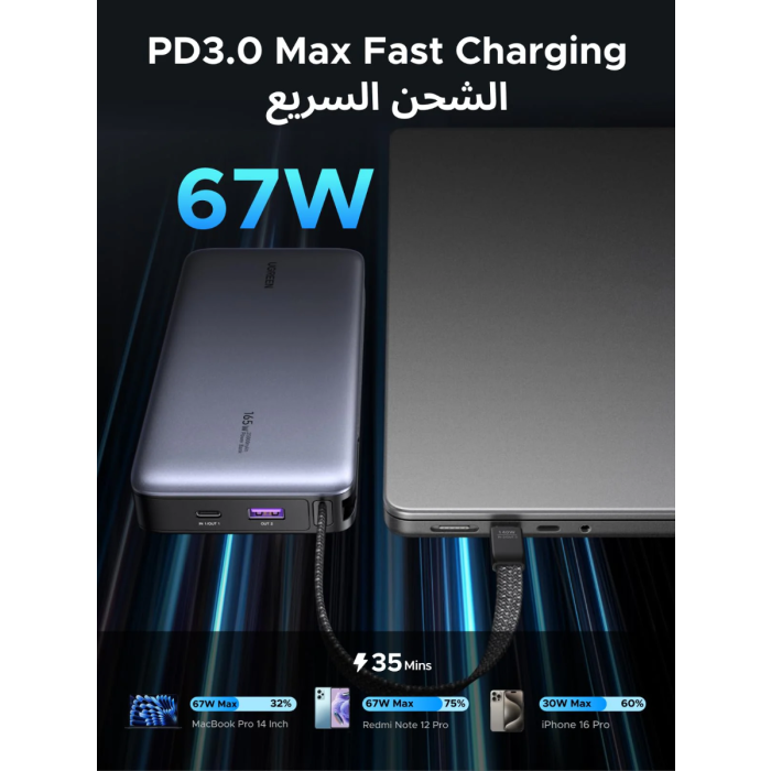 Ugreen 67W 20000mAh prenosna baterija z vgrajenim kablom