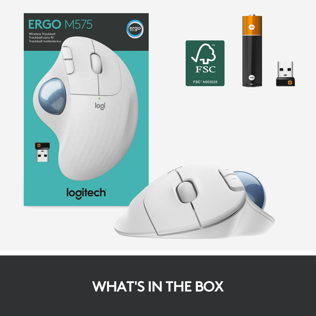 Logitech miška ERGO M575 Wireless Trackball, Bluetooth, Unifying, bela