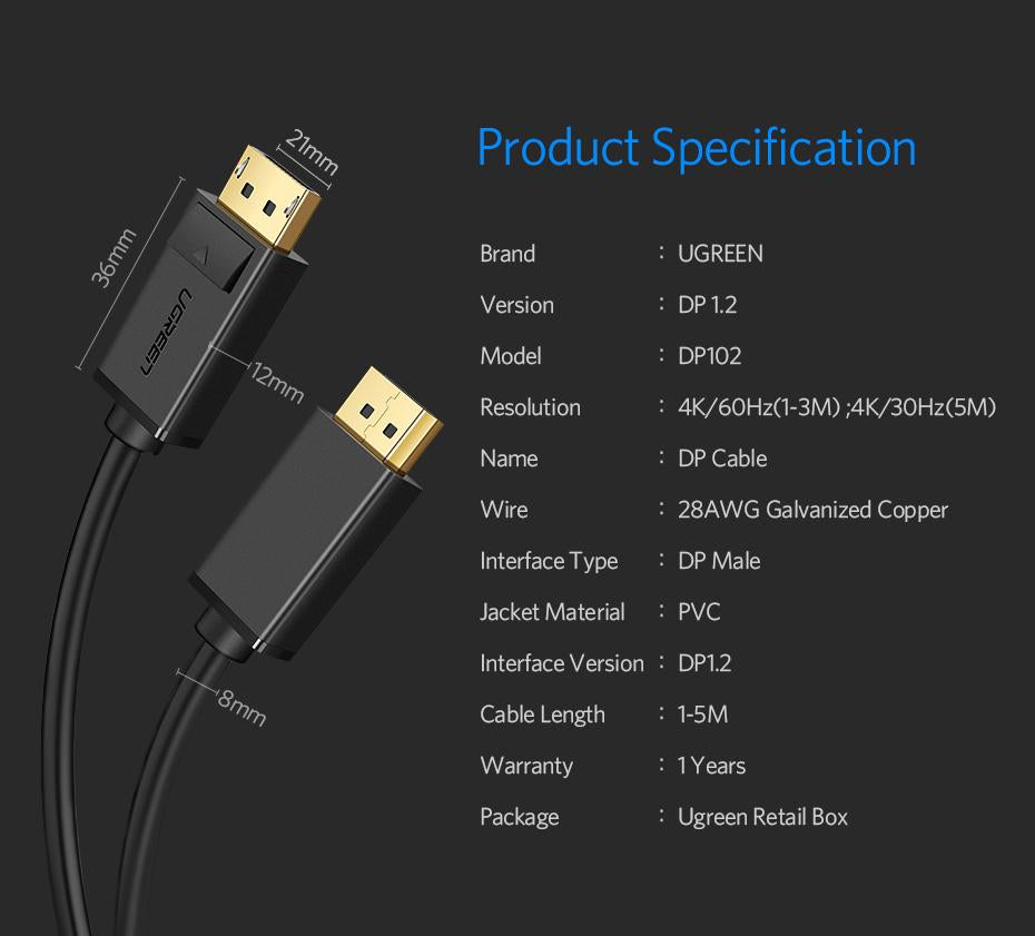 Ugreen DisplayPort 1.2 kabel 2M - BOX