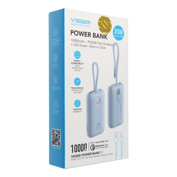 VEGER prenosna baterija z vgrajenimi kabli 10000 mAh, modra