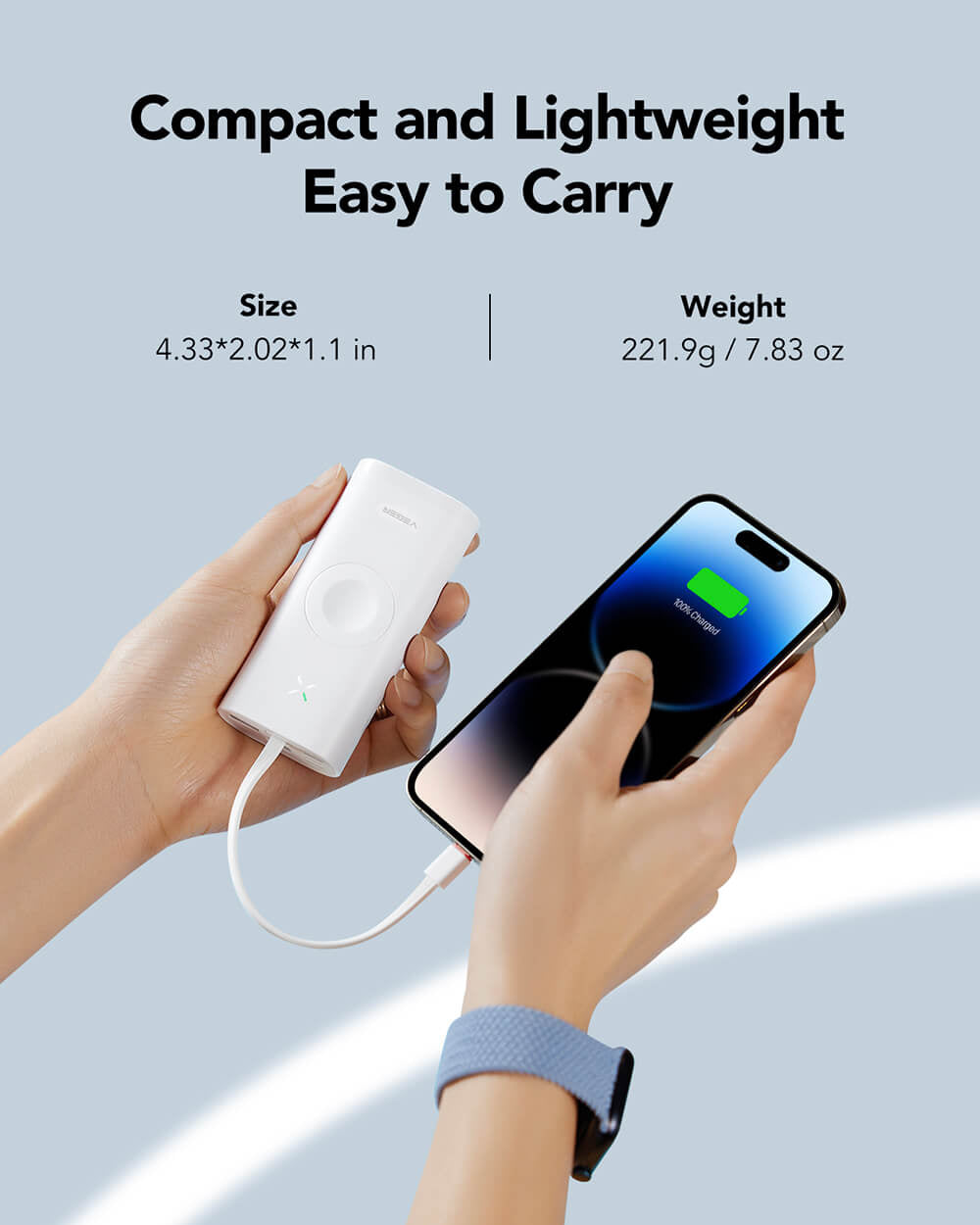 VEGER prenosna baterija MagFan 10000 mAh, vgrajen kabel in Apple Watch polnilnik, bela