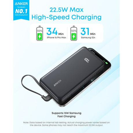 Anker Zolo Powerbank 20000 mAh, 22,5W z vgrajenim USB-C kablom, črn