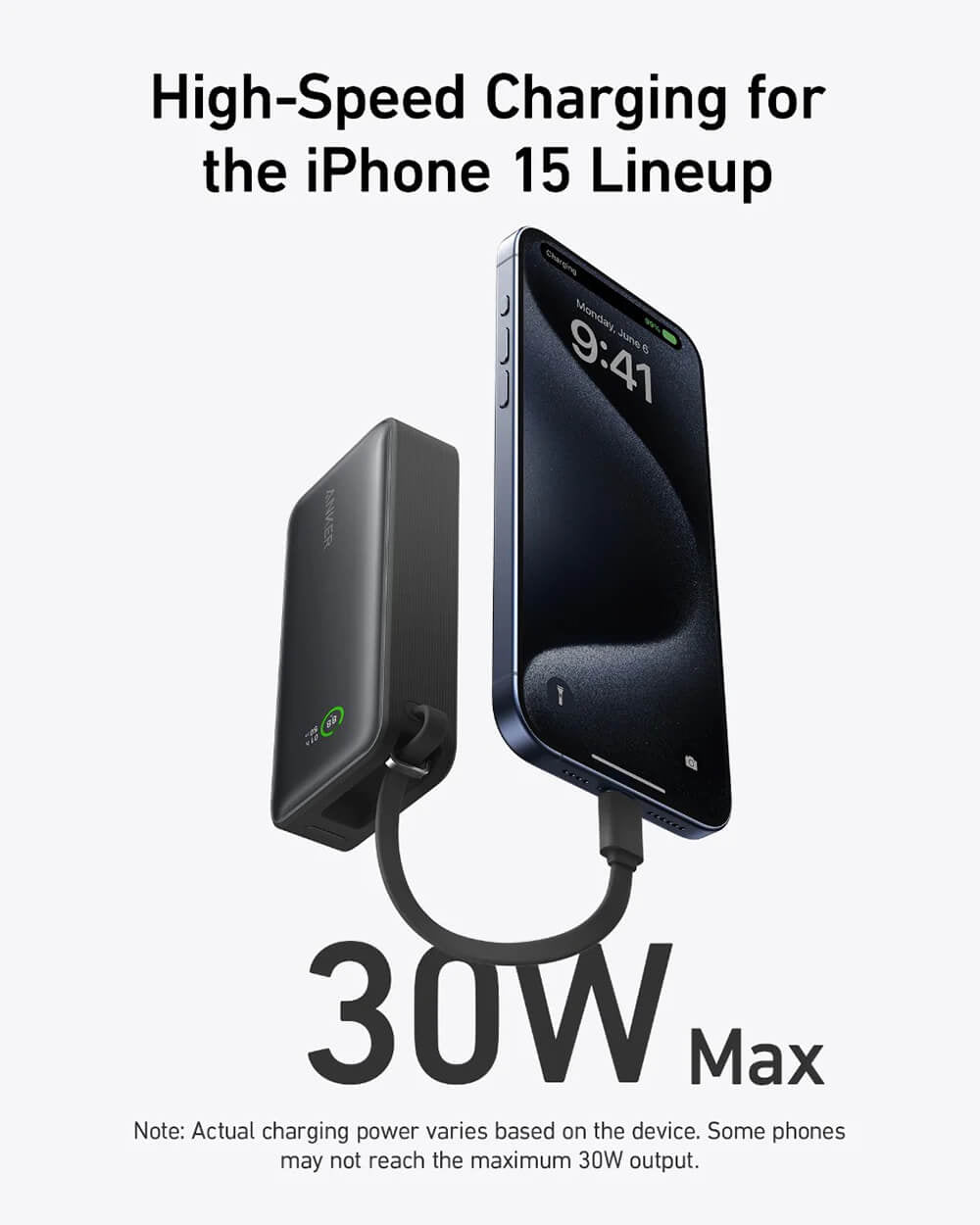 Anker 545 Nano powerbank 10K z vgrajenim kablom USB-C, črn