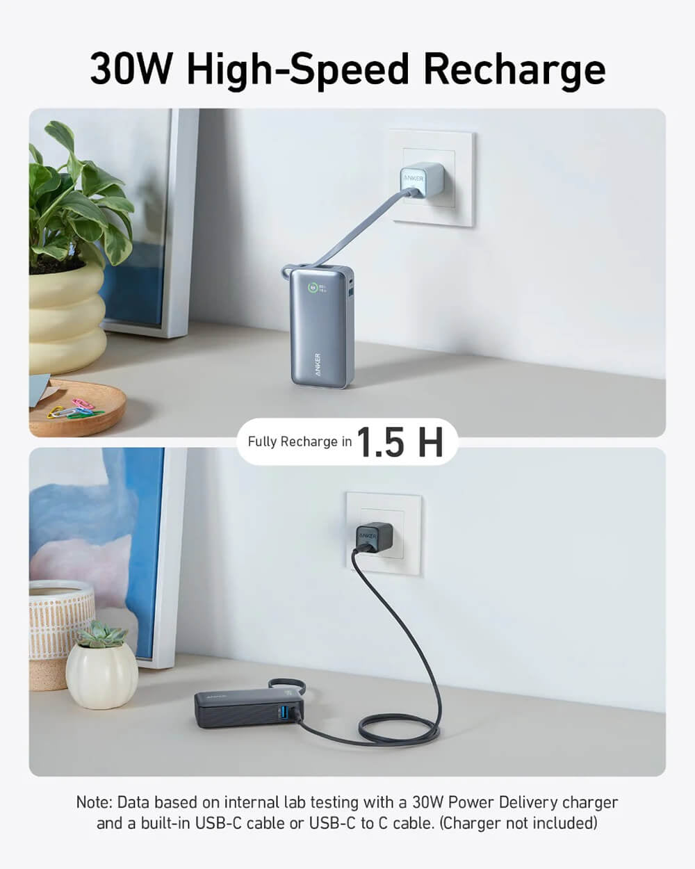 Anker 545 Nano powerbank 10K z vgrajenim kablom USB-C, črn