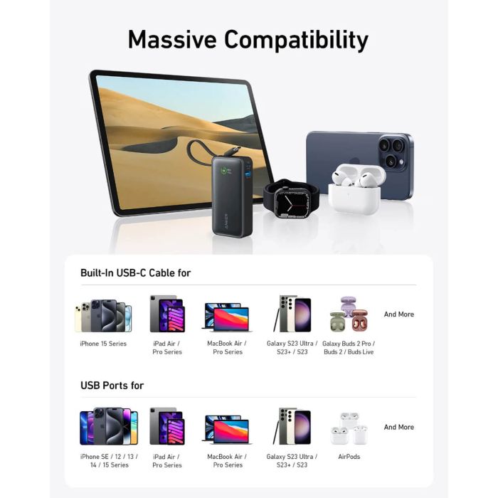 Anker 545 Nano powerbank 10K z vgrajenim kablom USB-C, črn