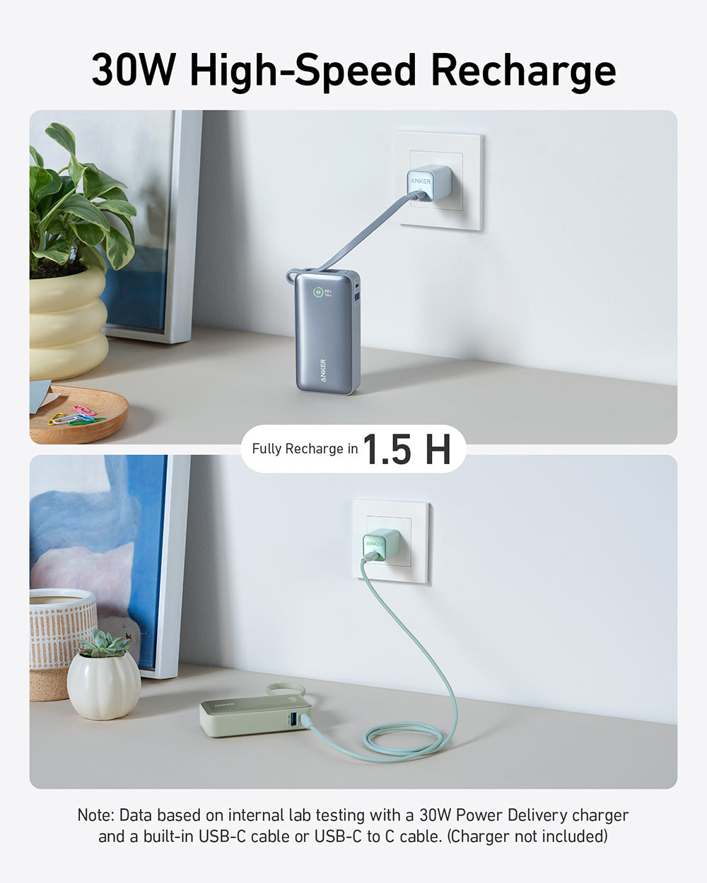 Anker 545 Nano powerbank 10K z vgrajenim kablom USB-C, zelen