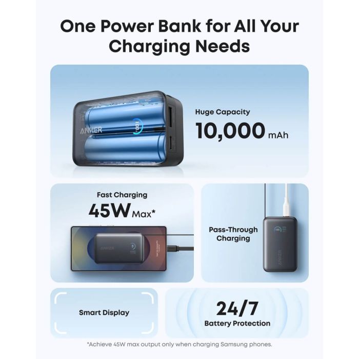 Anker Nano Power Bank 10000 mAh, 45W z vgrajenim USB-C kablom, črn