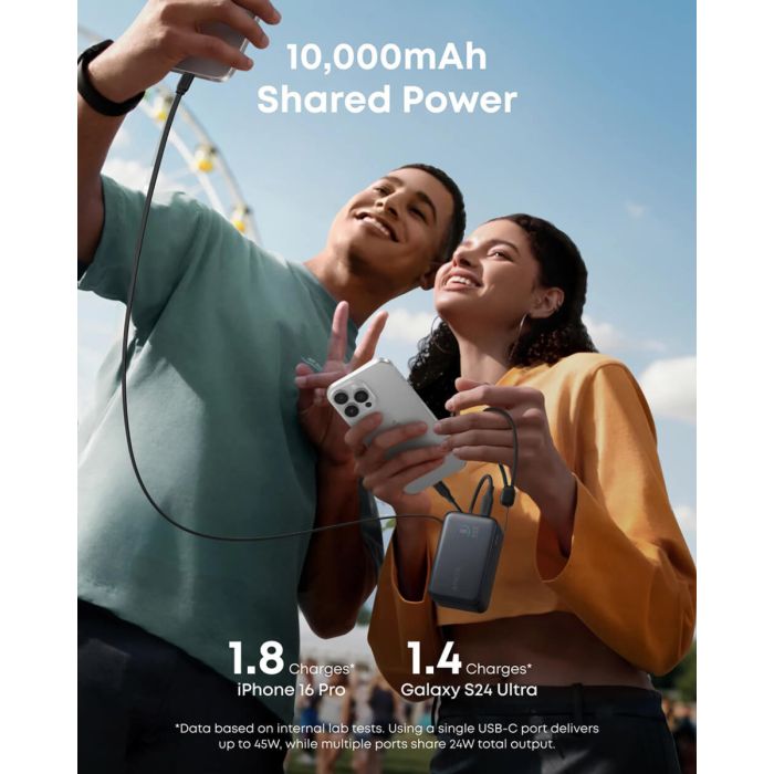 Anker Nano Power Bank 10000 mAh, 45W z vgrajenim USB-C kablom, črn