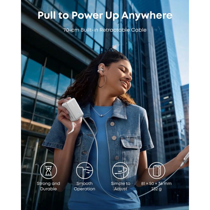 Anker Nano Power Bank 10000 mAh, 45W z vgrajenim USB-C kablom, bel