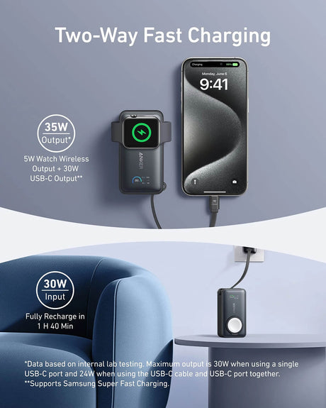 Anker MagOn Powerbank 10000 mAh, 35W z vgrajenim kablom in brezžičnim polnjenjem Apple Watch