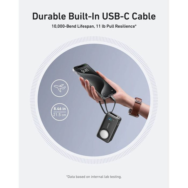 Anker MagOn Powerbank 10000 mAh, 35W z vgrajenim kablom in brezžičnim polnjenjem Apple Watch