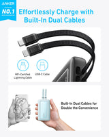 Anker Zolo Powerbank 10000 mAh, 30W z vgrajenima kabloma USB-C + Lightning, črn