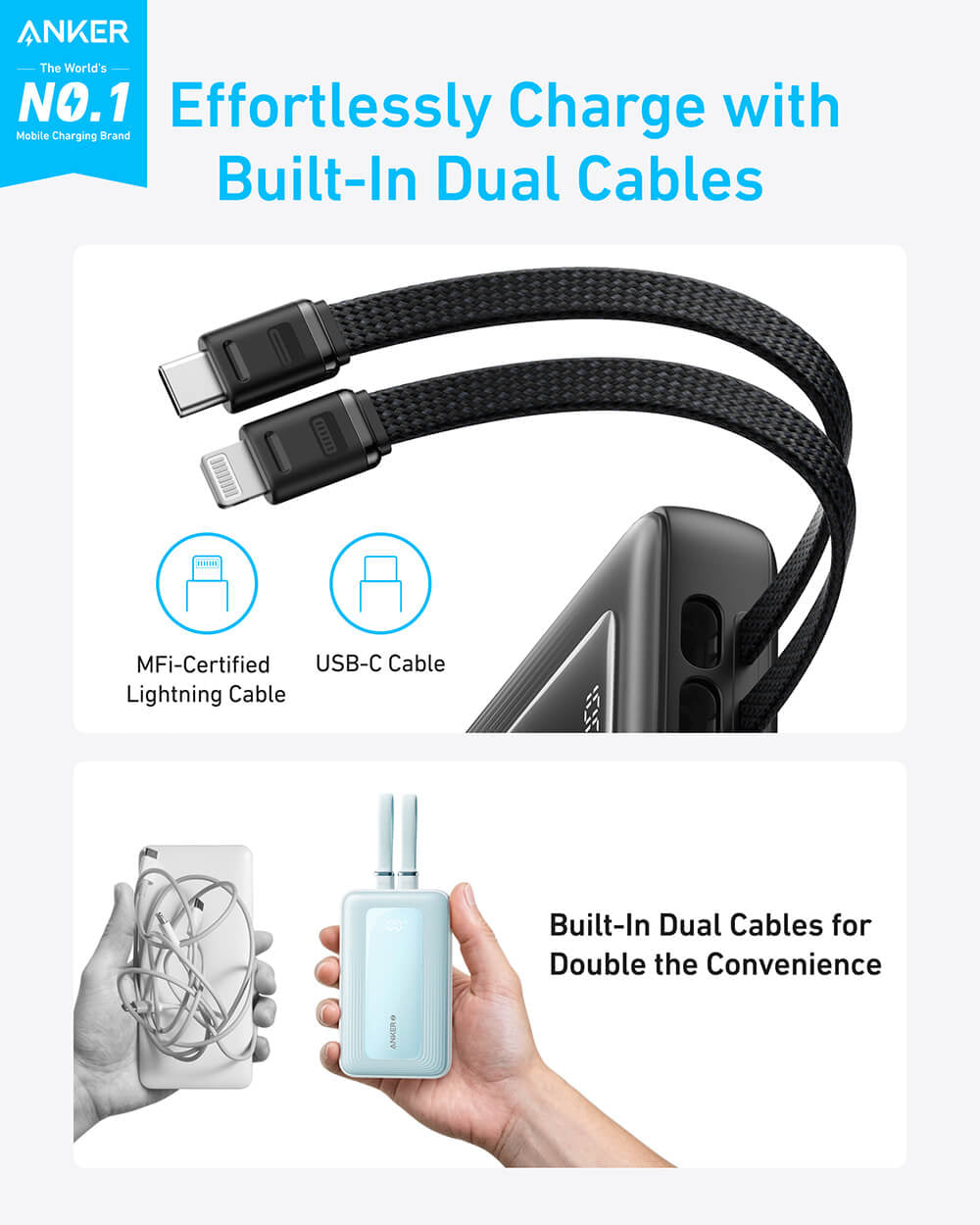 Anker Zolo Powerbank 20000 mAh, 30W z vgrajenima kabloma USB-C + Lightning, črn