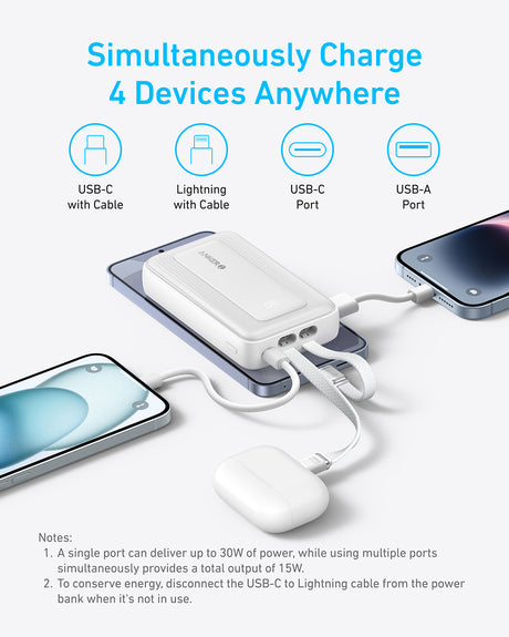 Anker Zolo Powerbank 10000 mAh, 30W z vgrajenima kabloma USB-C + Lightning, moder