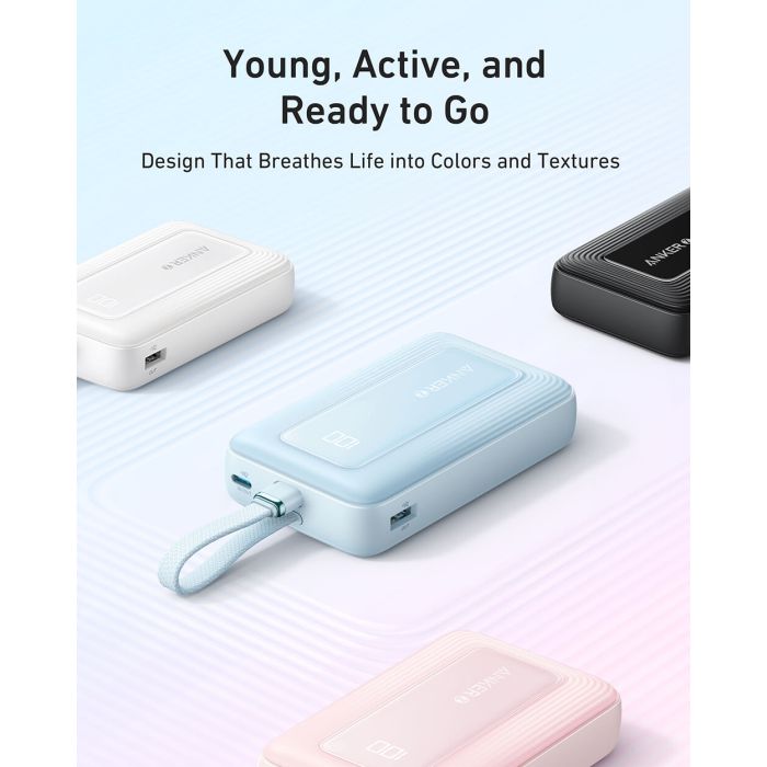 Anker Zolo Powerbank 10000 mAh, 30W z vgrajenim kablom USB-C, črn