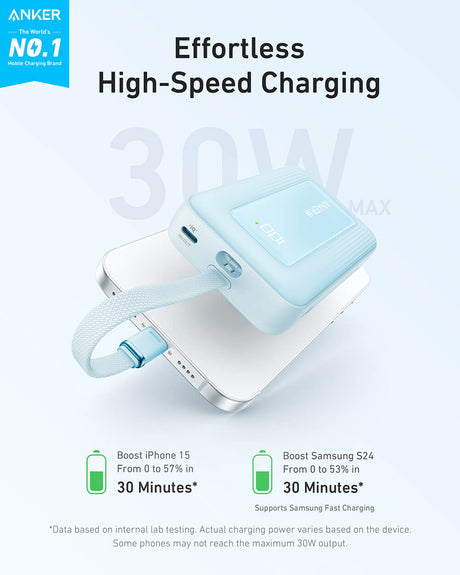 Anker Zolo Powerbank 10000 mAh, 30W z vgrajenim kablom USB-C, moder