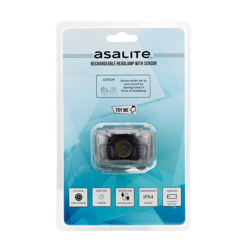 ASALITE naglavna LED svetilka 3W, polnilna, senzor, črna