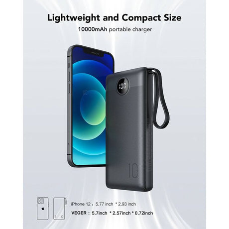 VEGER prenosna baterija z vgrajenimi kabli C10 10000 mAh, črna