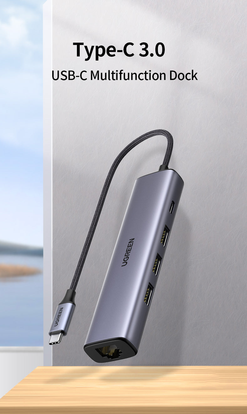 Ugreen USB-C hub, USB3.0 3x+RJ45+USB-C