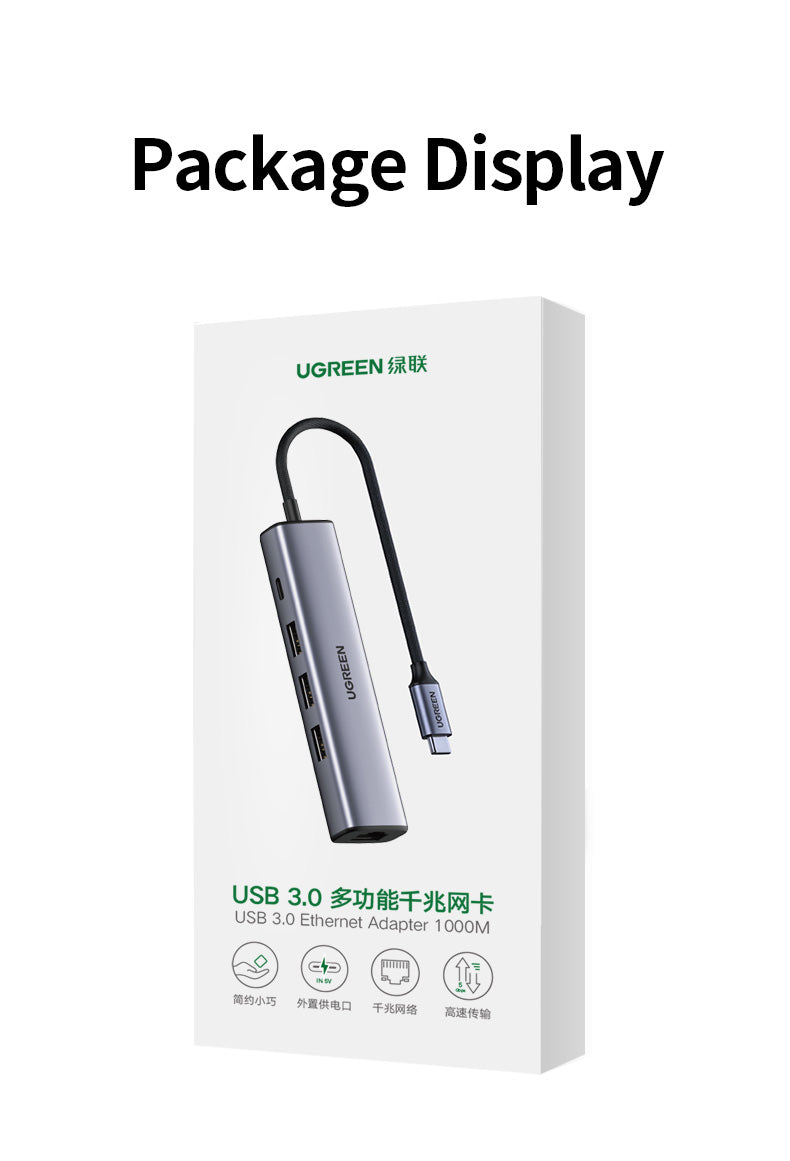 Ugreen USB-C hub, USB3.0 3x+RJ45+USB-C