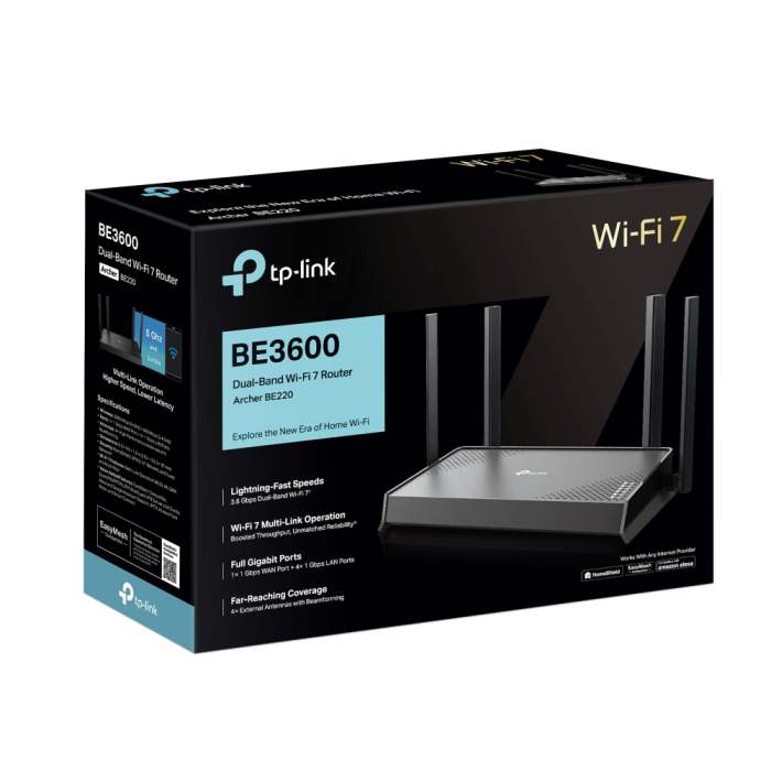 TP-LINK Archer BE220 Wi-Fi 7 BE3600 Dual-Band 2882+688 Mbps, 1 Gbps LAN brezžični usmerjevalnik