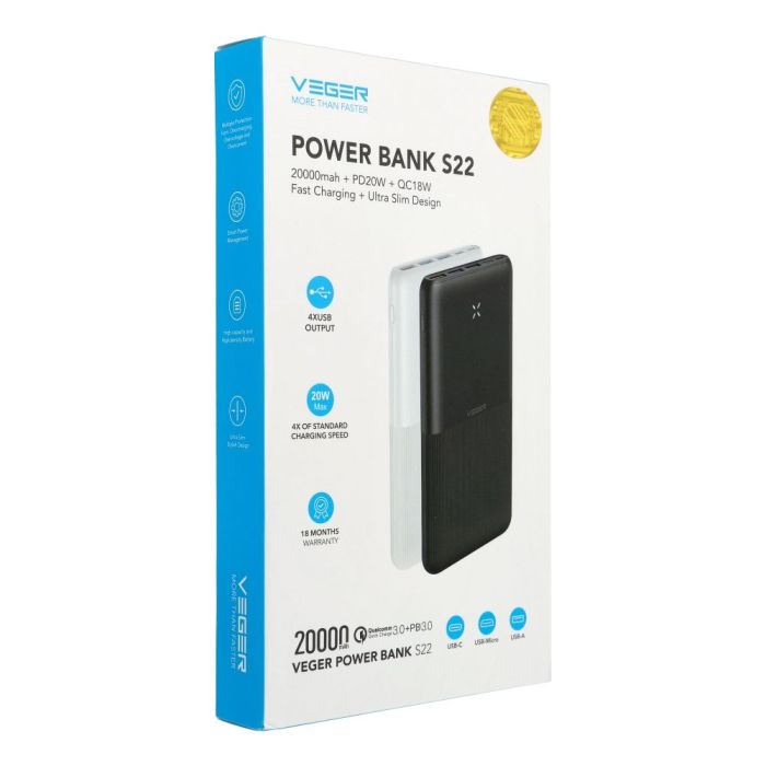 VEGER S22 prenosna baterija 20000mAh ultra slim,črna