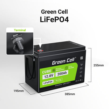 Green Cell akumulator LiFePO4 200Ah 12.8V 2560Wh Litowo-¯elazowo-Foszaanowy Do  kamperje, solarne panele, tovornjake s hrano, Off-Grid