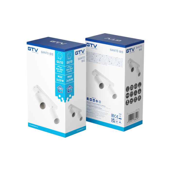 GTV Stropna svetilka SANTO BIS, GU10, max. 2×20 W, IP20, dvojna, bela