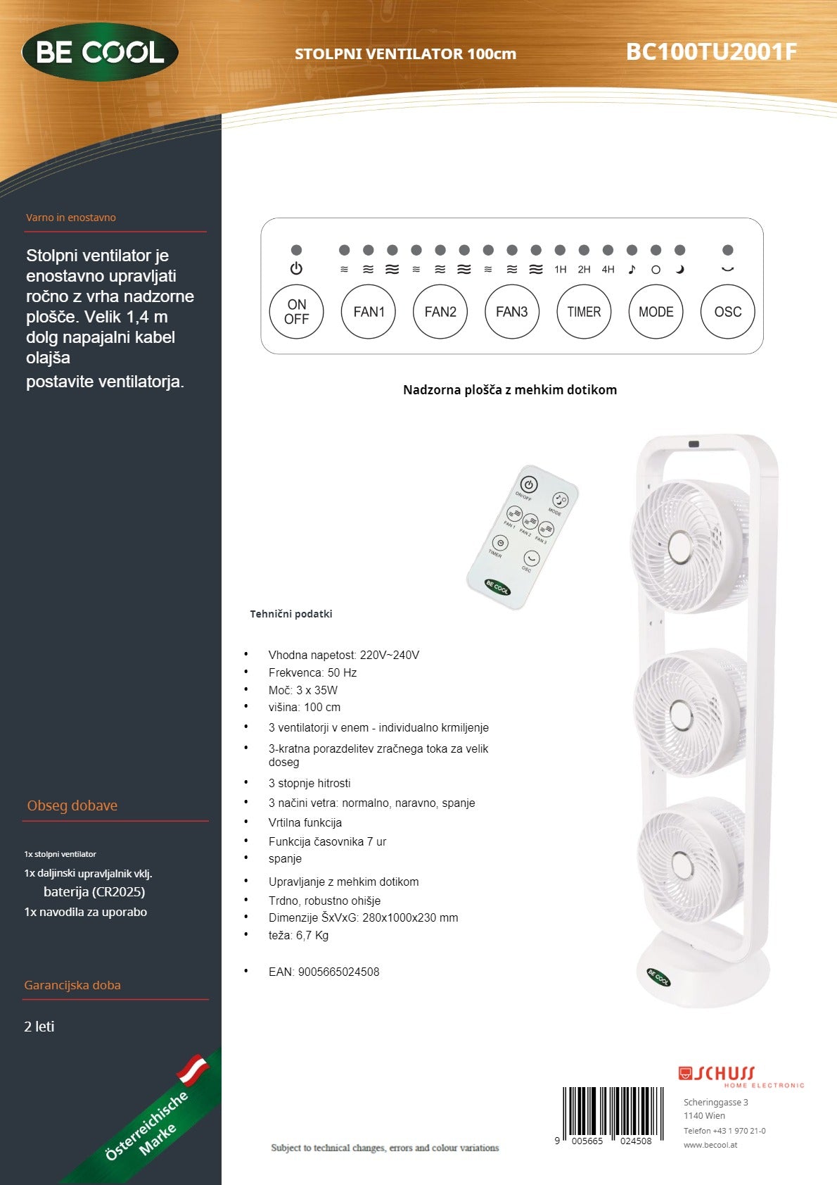 Be Cool TripleFan stolpni ventilator 100cm 3x 35 Watt