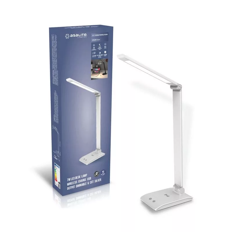 ASALITE namizna LED svetilka z zatemnitvijo 7W 450lm CCT brezžična USB, srebrna