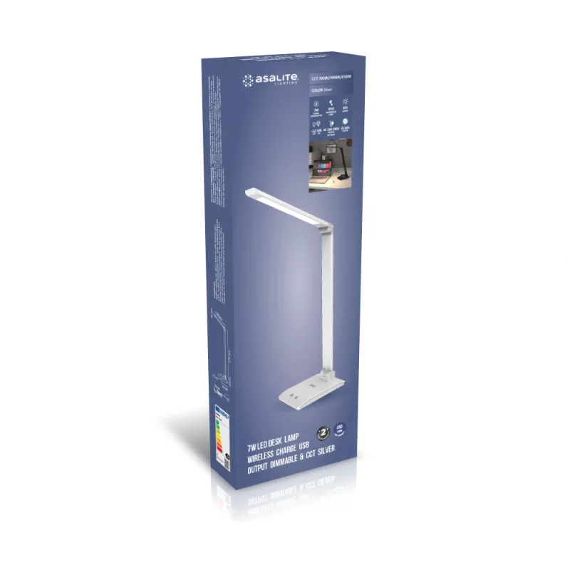 ASALITE namizna LED svetilka z zatemnitvijo 7W 450lm CCT brezžična USB, srebrna