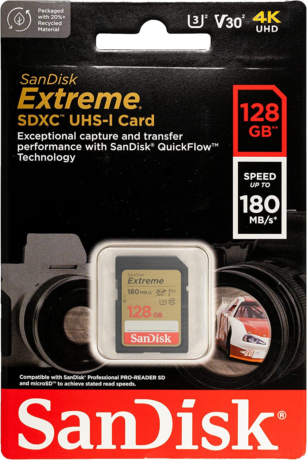 SanDisk Extreme 128GB SDXC spominska kartica + 1 leto RescuePRO Deluxe do180MB/s & 90MB/s branje/zapisovanje, UHS-I, Class 10, U3, V30
