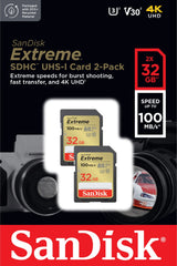 SanDisk Extreme 32GB SDHC spominska katica+ 1 leto RescuePRO Deluxe up to 100MB/s & 60MB/s Branje/Zapisovanje, UHS-I, Class 10, U3, V30