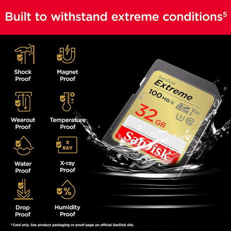 SanDisk Extreme PLUS 32GB SDHC spominska kartica 100MB/s in 60MB/s branje/pisanje, UHS-I, Class 10, U3, V30