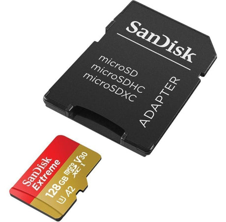 SanDisk Extreme microSDXC 128GB for Action Cams and Drones + SD Adapter 190MB/s & 90MB/s A2 C10 V30 UHS-I U3