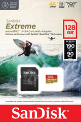 SanDisk Extreme microSDXC 128GB for Action Cams and Drones + SD Adapter 190MB/s & 90MB/s A2 C10 V30 UHS-I U3