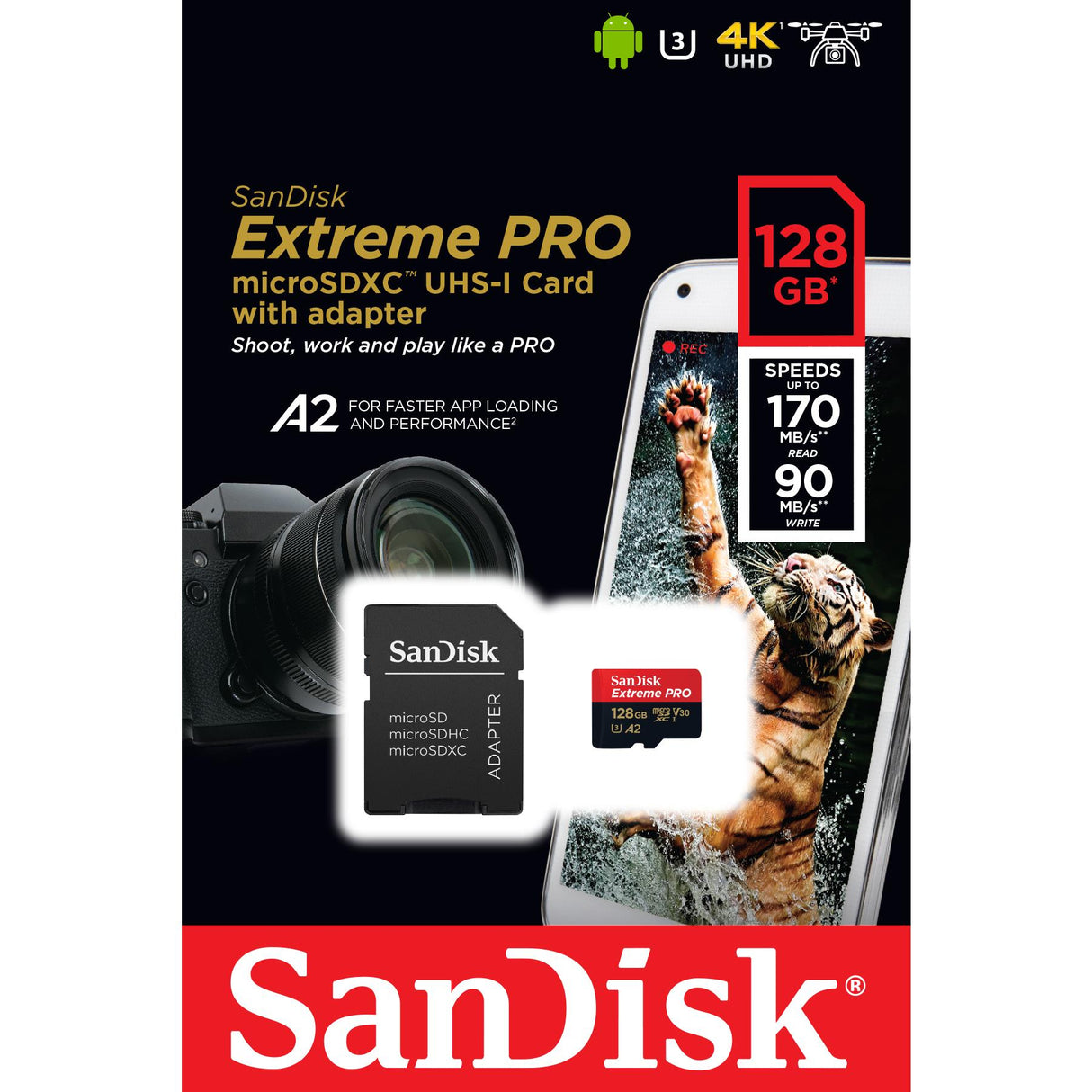 SanDisk Extreme PLUS microSDXC 128GB + SD Adapter branje 200MB/s & pisanje 90MB/s A2 C10 V30 UHS-I U3