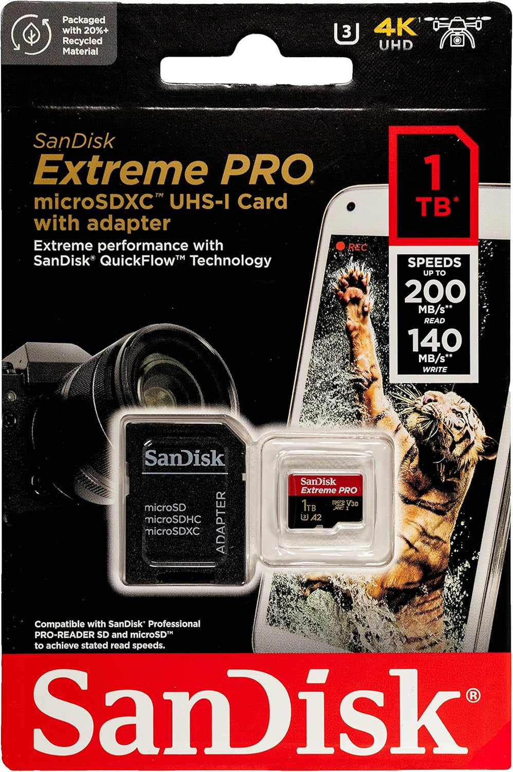 SanDisk Extreme PRO microSDXC 1TB + SD Adapter + 2 leti RescuePRO Deluxe 200MB/s branje/ 140MB/s zapisovanje A2 C10 V30 UHS-I U3