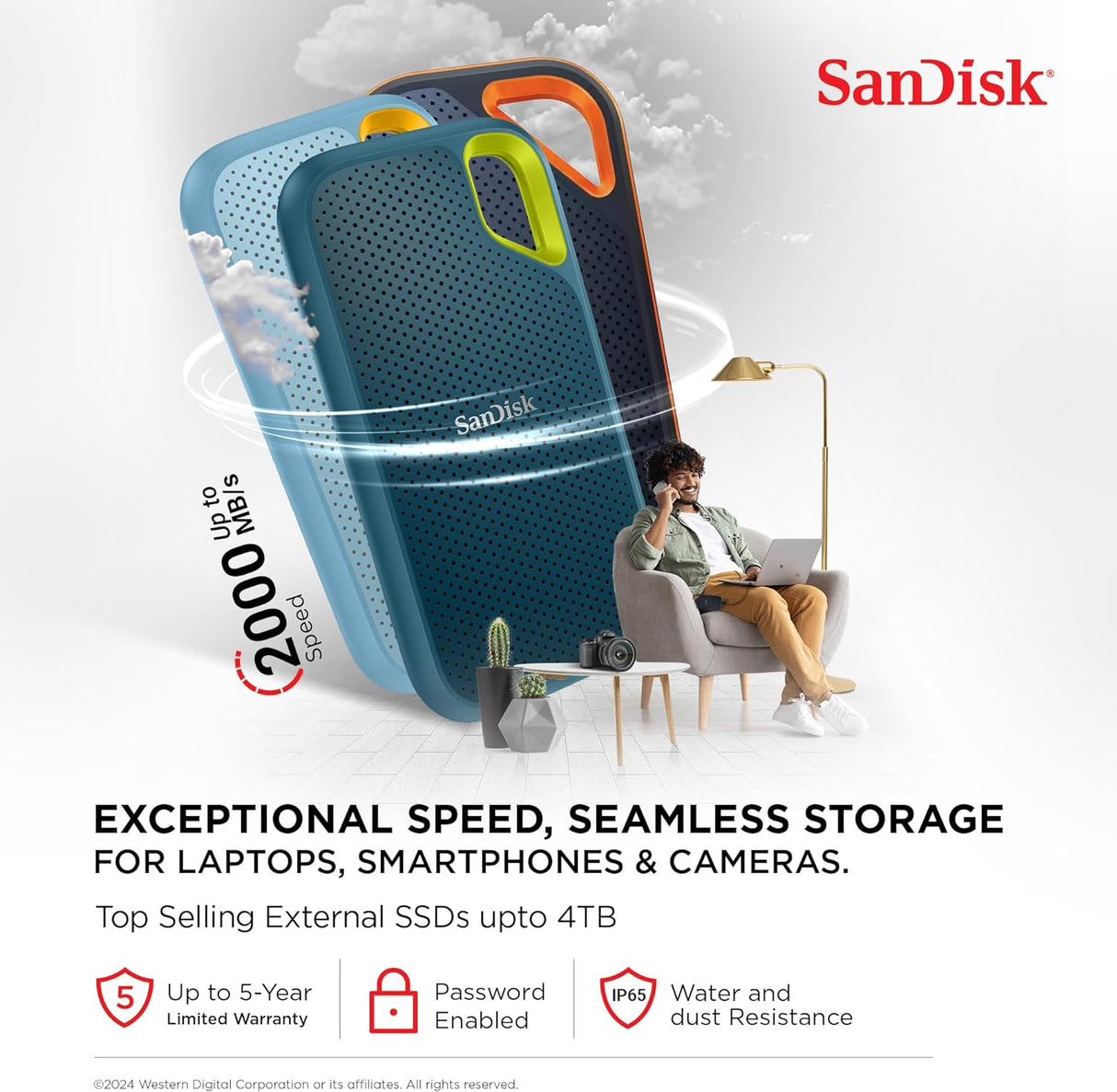SanDisk Extreme 2TB Portable SSD 1050/1000 MB/s USB 3.2 Gen 2- modra