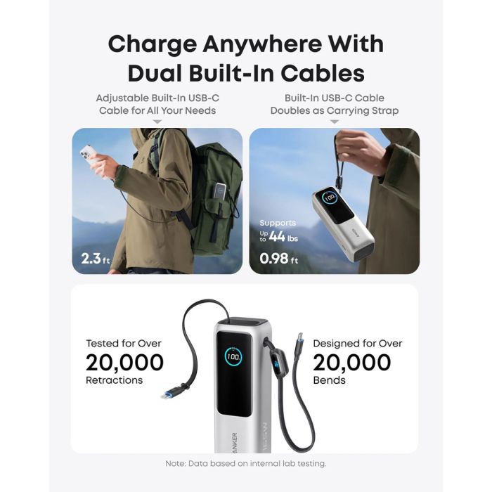 Anker Powerbank 25000 mAh z vgrajenim kablom USB-C, 165W, srebrn