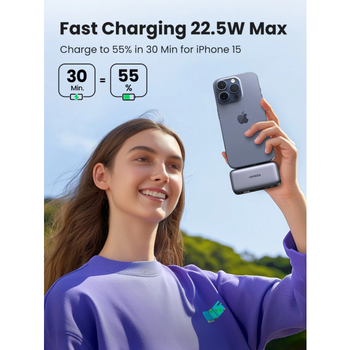 Ugreen 5000mAh 22,5W USB-C polnilna baterija z vgrajenim USB-C priključkom in LED zaslonom