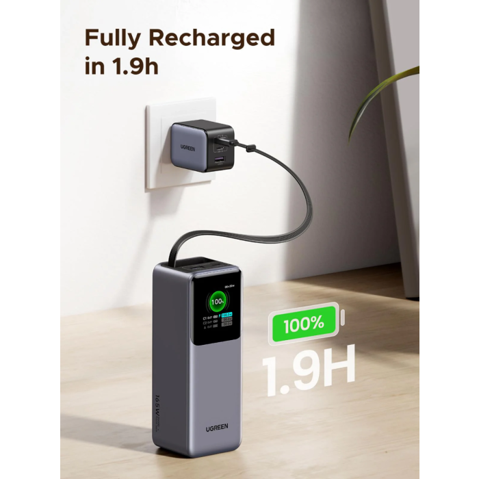 Ugreen prenosna polnilna baterija 20.000mAh, 165W s pametnim digitalnim zaslonom in vgrajenim kablom